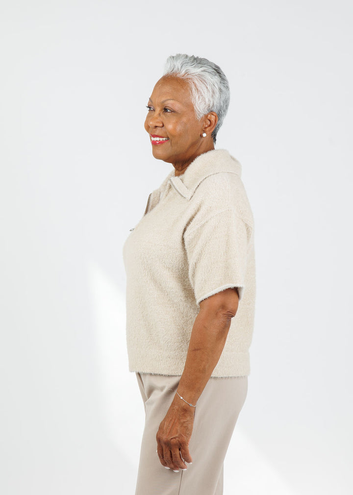Esme Short Sleeve Half Zip Top in Taupe Mix available at Barbara Katz