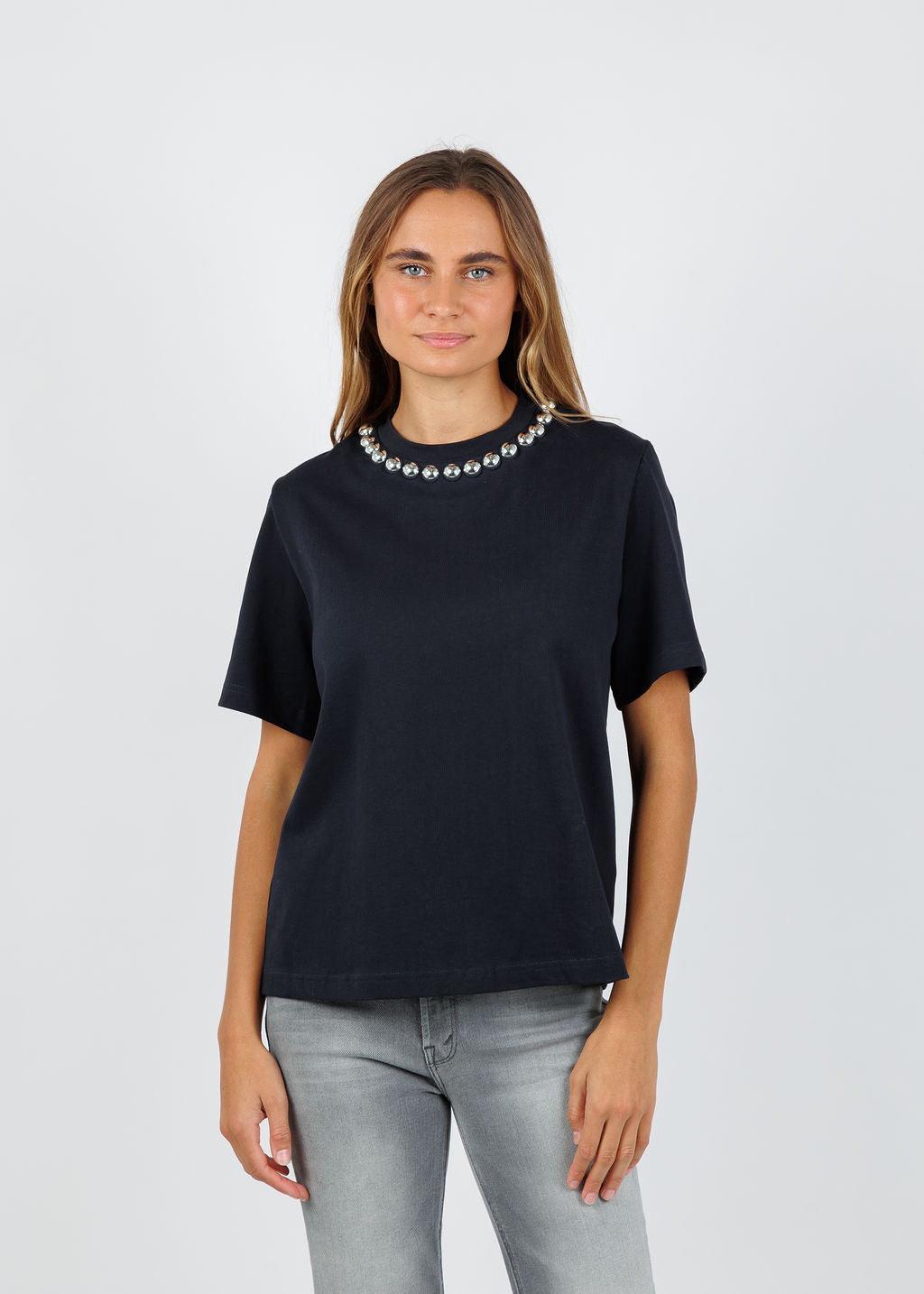 Essentiel Antwerp Intenso Silver Balls T-shirt in Navy available at Barbara Katz