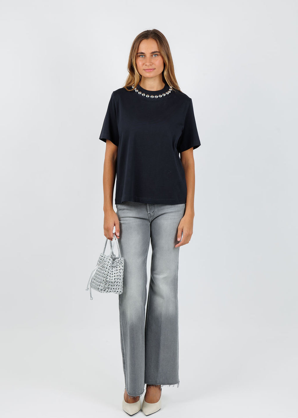 Essentiel Antwerp Intenso Silver Balls T-shirt in Navy available at Barbara Katz