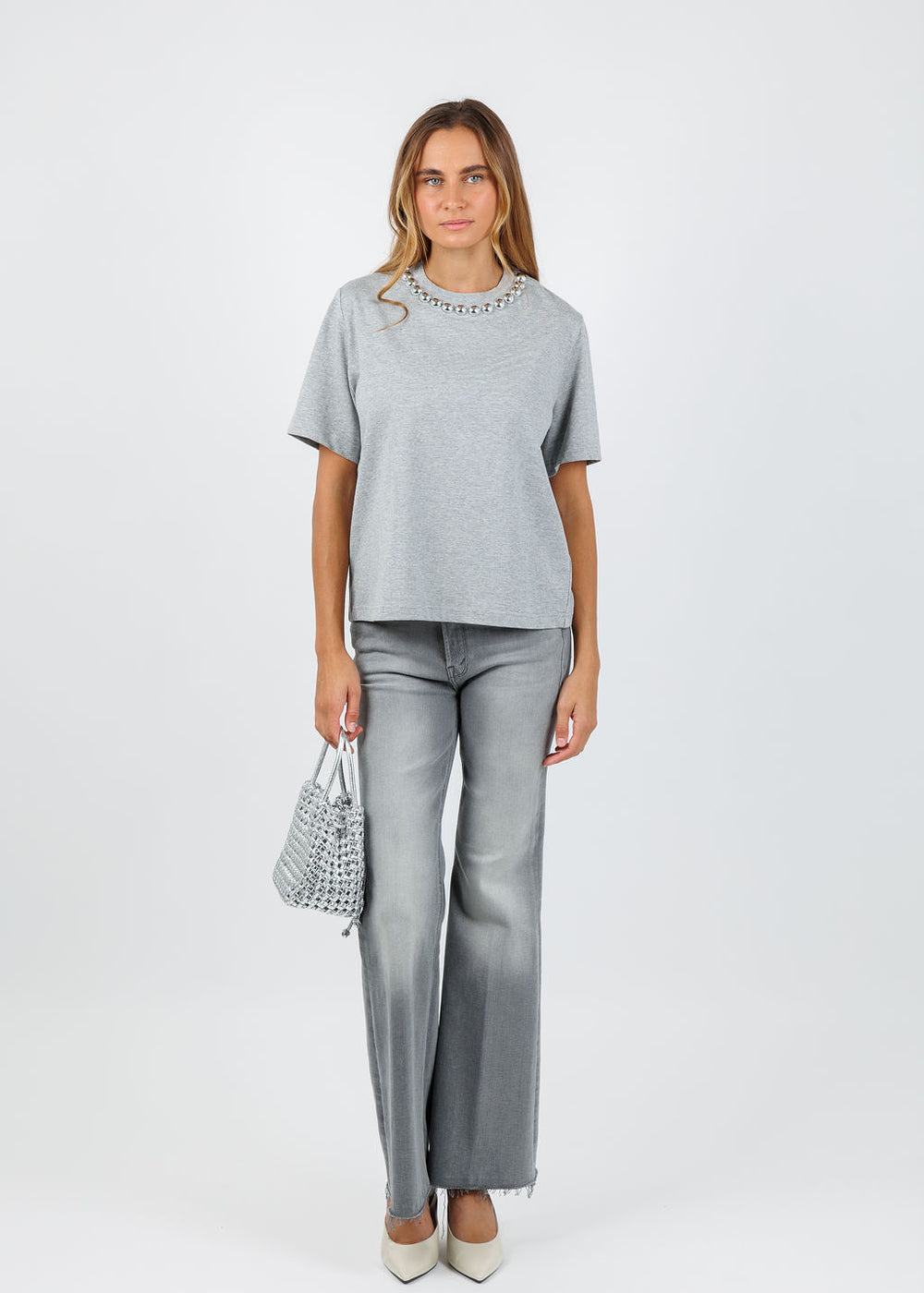 Essentiel Antwerp Intenso Silver Balls T-shirt in Shadow available at Barbara Katz