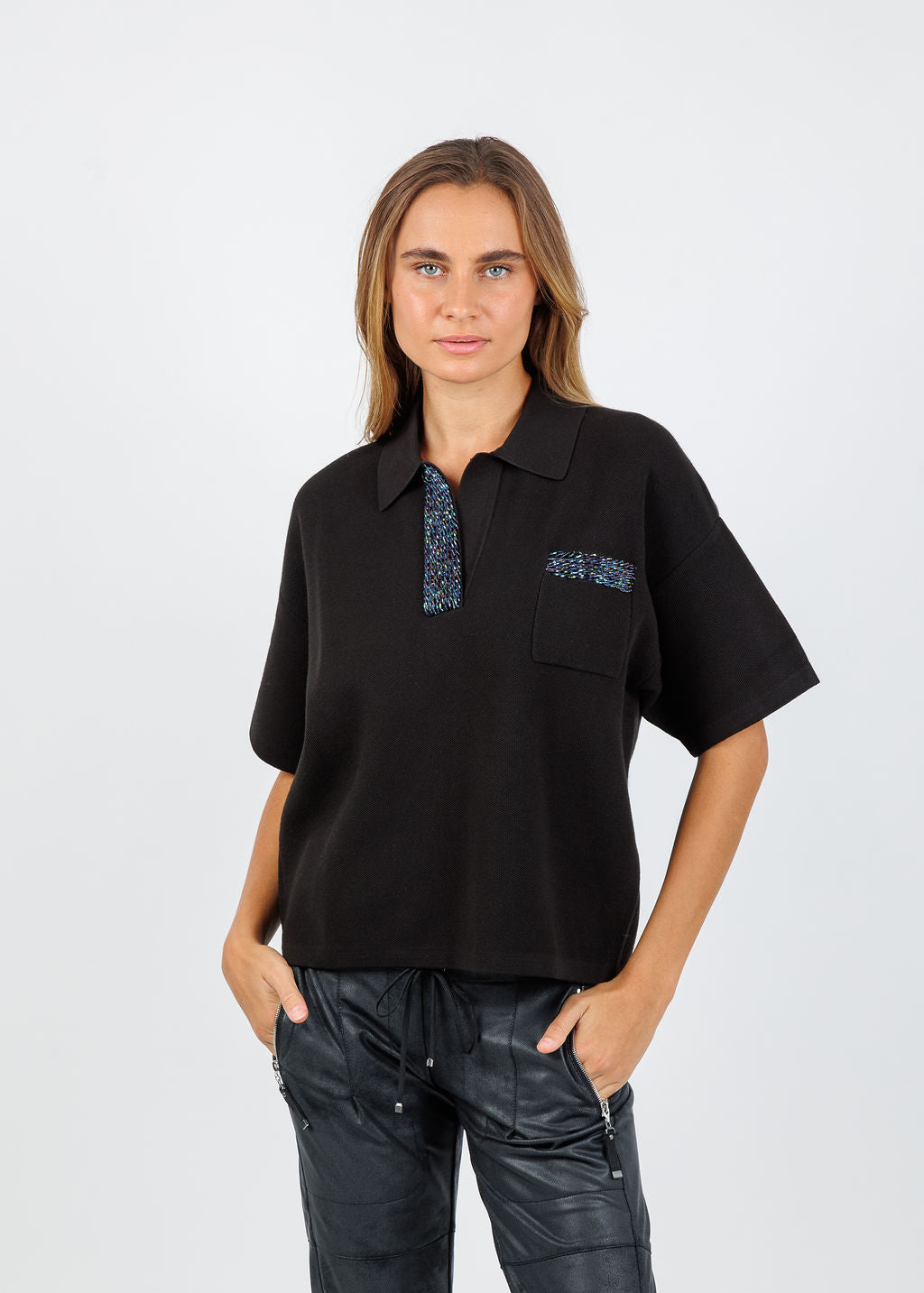 Essentiel Antwerp Internationnal Knitted Polo in Black available at Barbara Katz