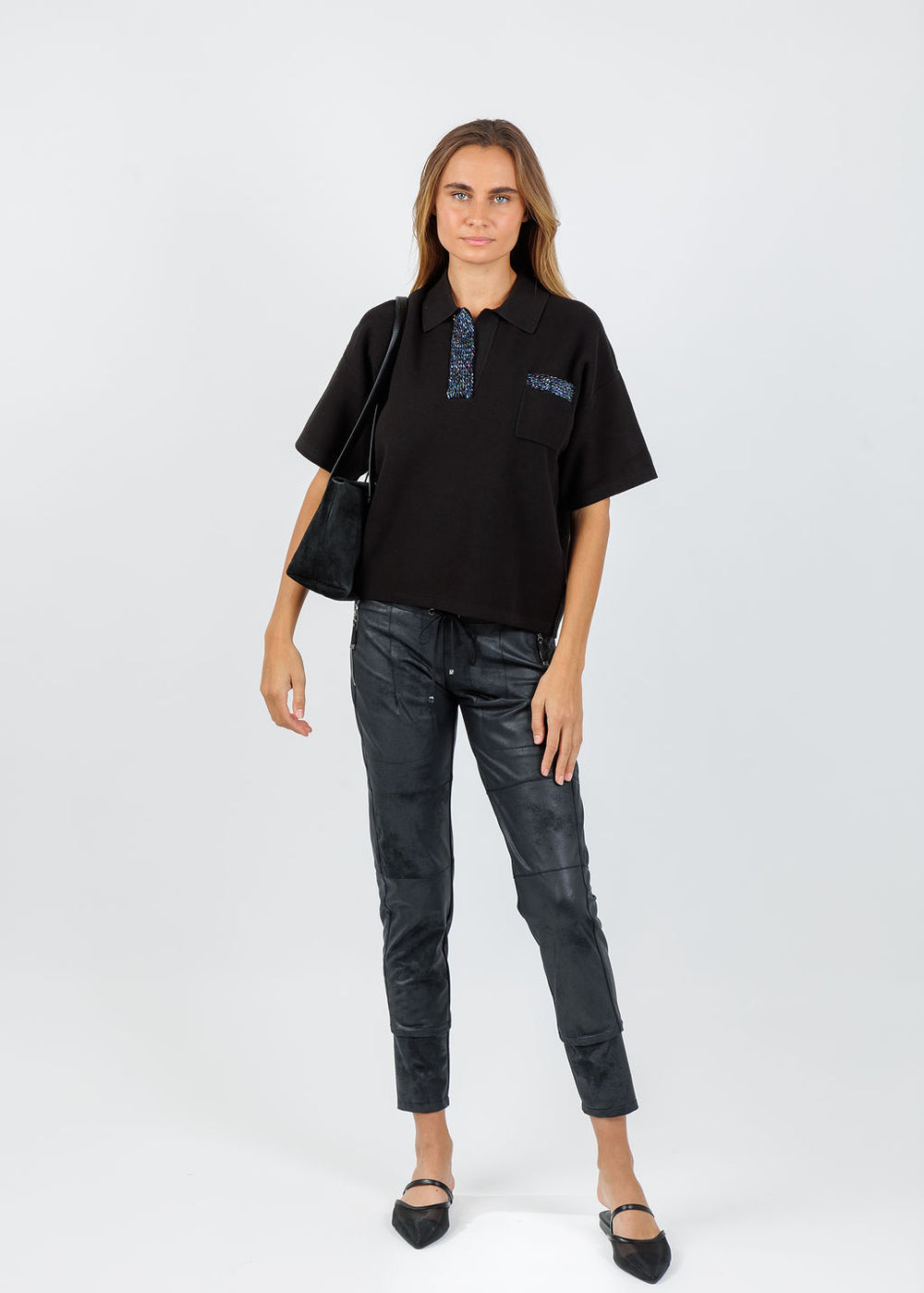 Essentiel Antwerp Internationnal Knitted Polo in Black available at Barbara Katz