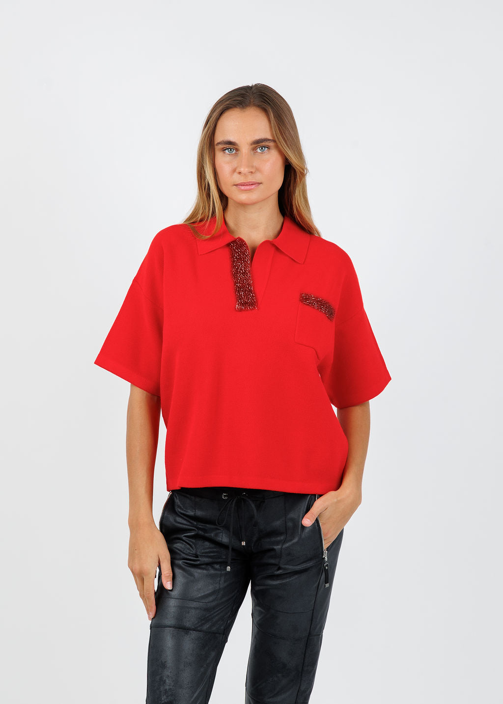 Essentiel Antwerp Internationnal Knitted Polo in Santa Claus available at Barbara Katz