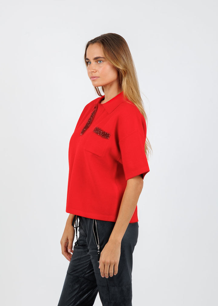 Essentiel Antwerp Internationnal Knitted Polo in Santa Claus available at Barbara Katz
