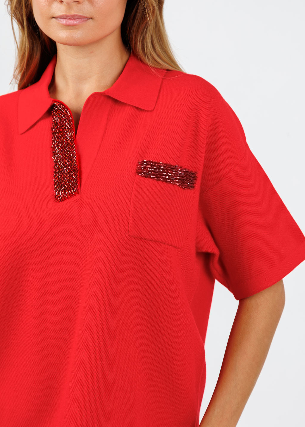 Essentiel Antwerp Internationnal Knitted Polo in Santa Claus available at Barbara Katz