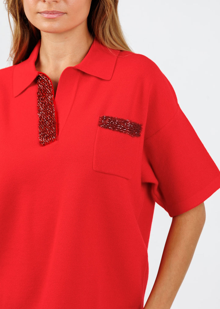 Essentiel Antwerp Internationnal Knitted Polo in Santa Claus available at Barbara Katz