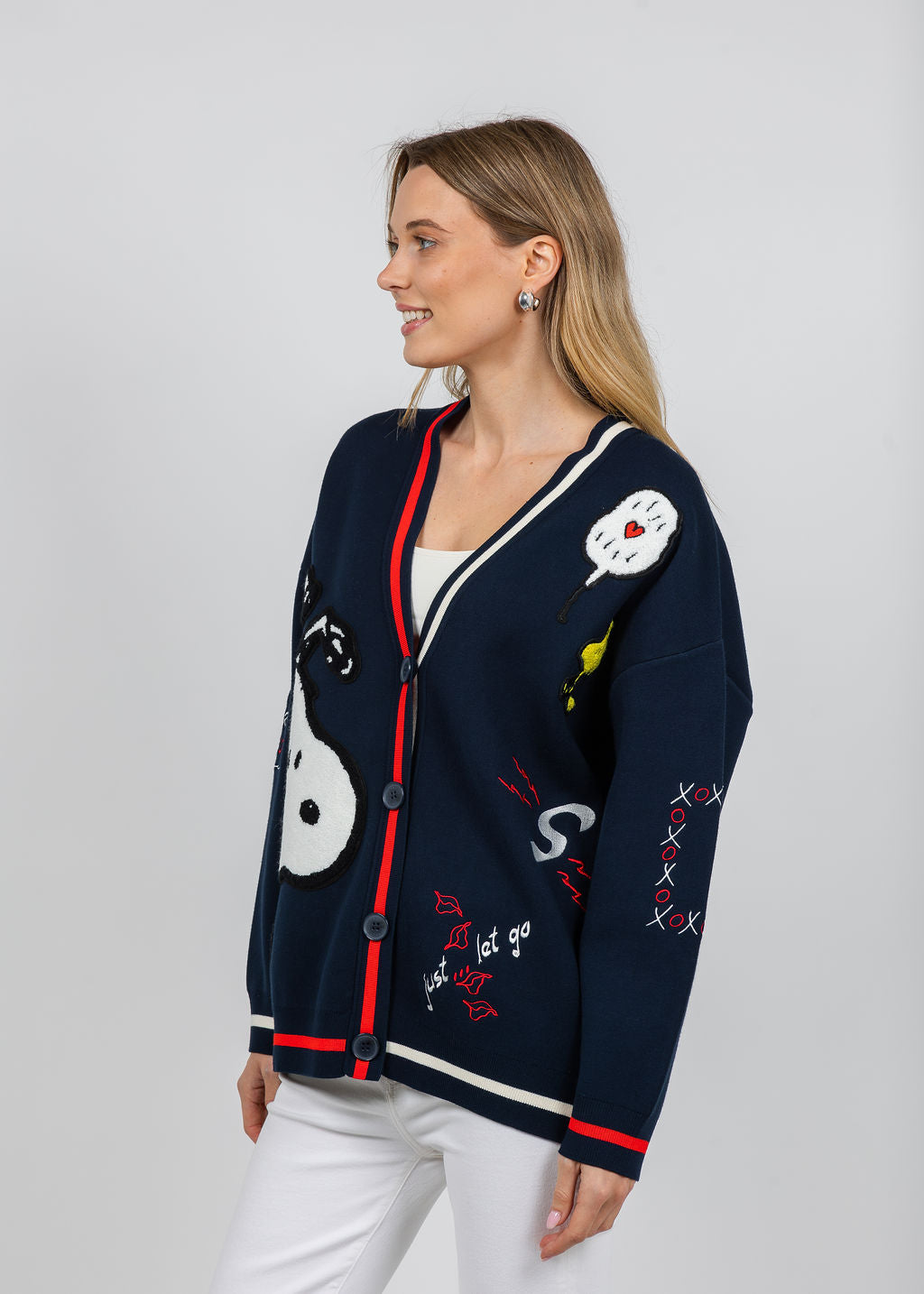 Essentiel Antwerp Jaseball Snoopy Cardigan in Navy available at Barbara Katz