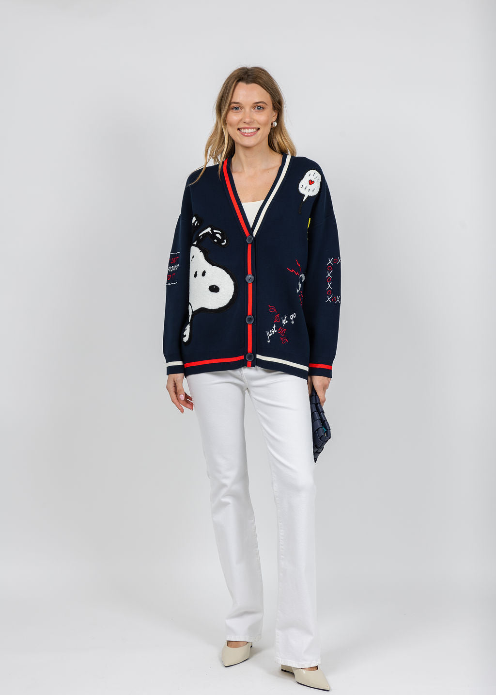 Essentiel Antwerp Jaseball Snoopy Cardigan in Navy available at Barbara Katz