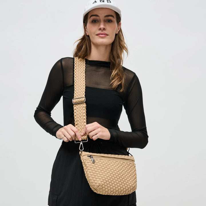 Sol and Selene Ethereal Woven Neoprene Crossbody Bag in Nude available at Barbara Katz