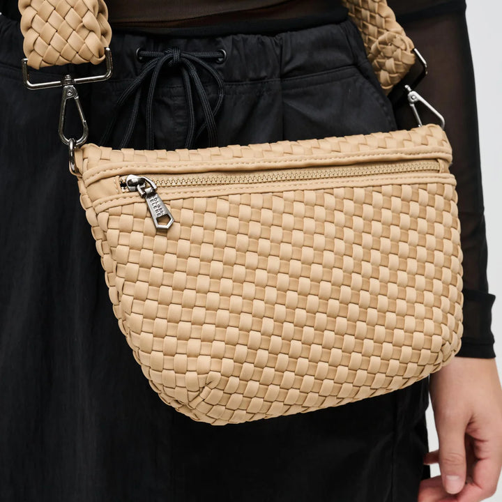 Sol and Selene Ethereal Woven Neoprene Crossbody Bag in Nude available at Barbara Katz