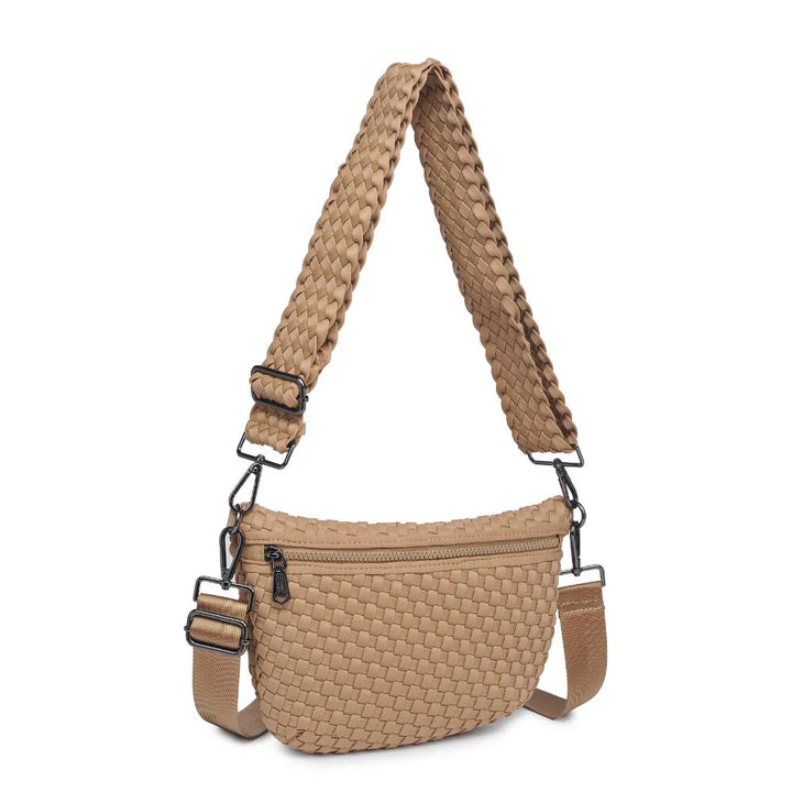 Sol and Selene Ethereal Woven Neoprene Crossbody Bag in Nude available at Barbara Katz
