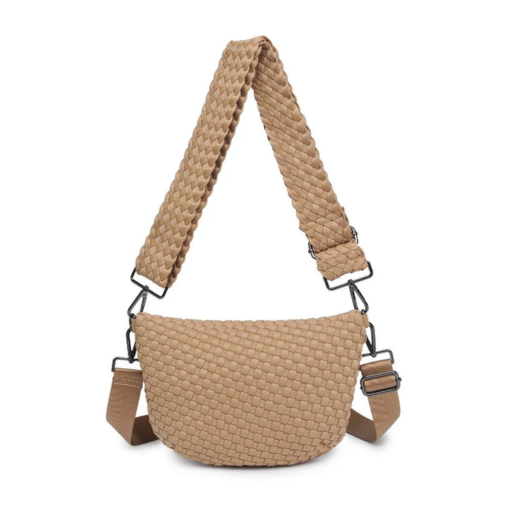 Sol and Selene Ethereal Woven Neoprene Crossbody Bag in Nude available at Barbara Katz