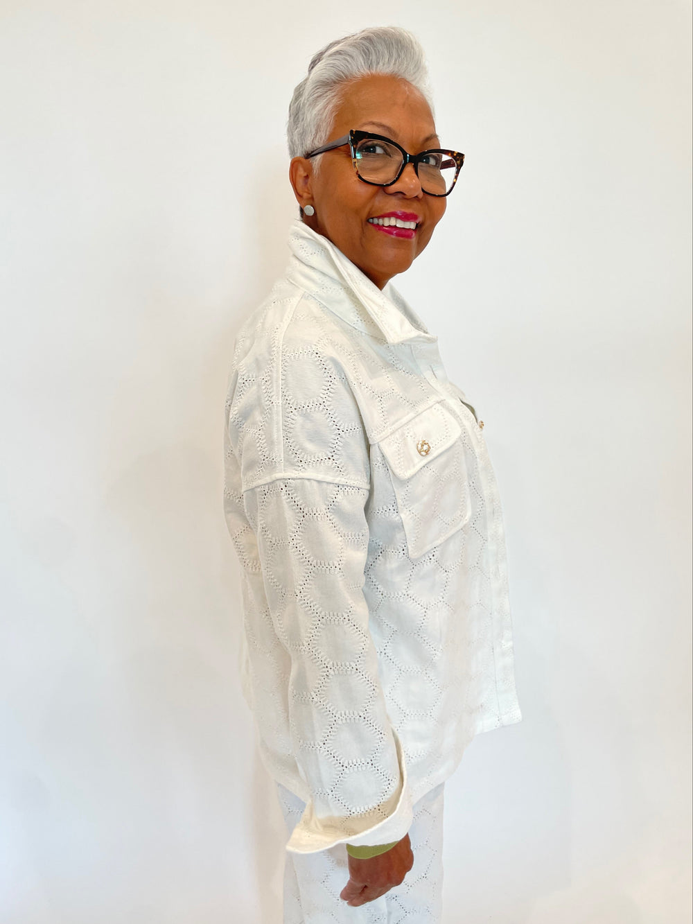 Leo & Ugo Lace Long Sleeve Jacket With Pocket in White available at Barbara Katz