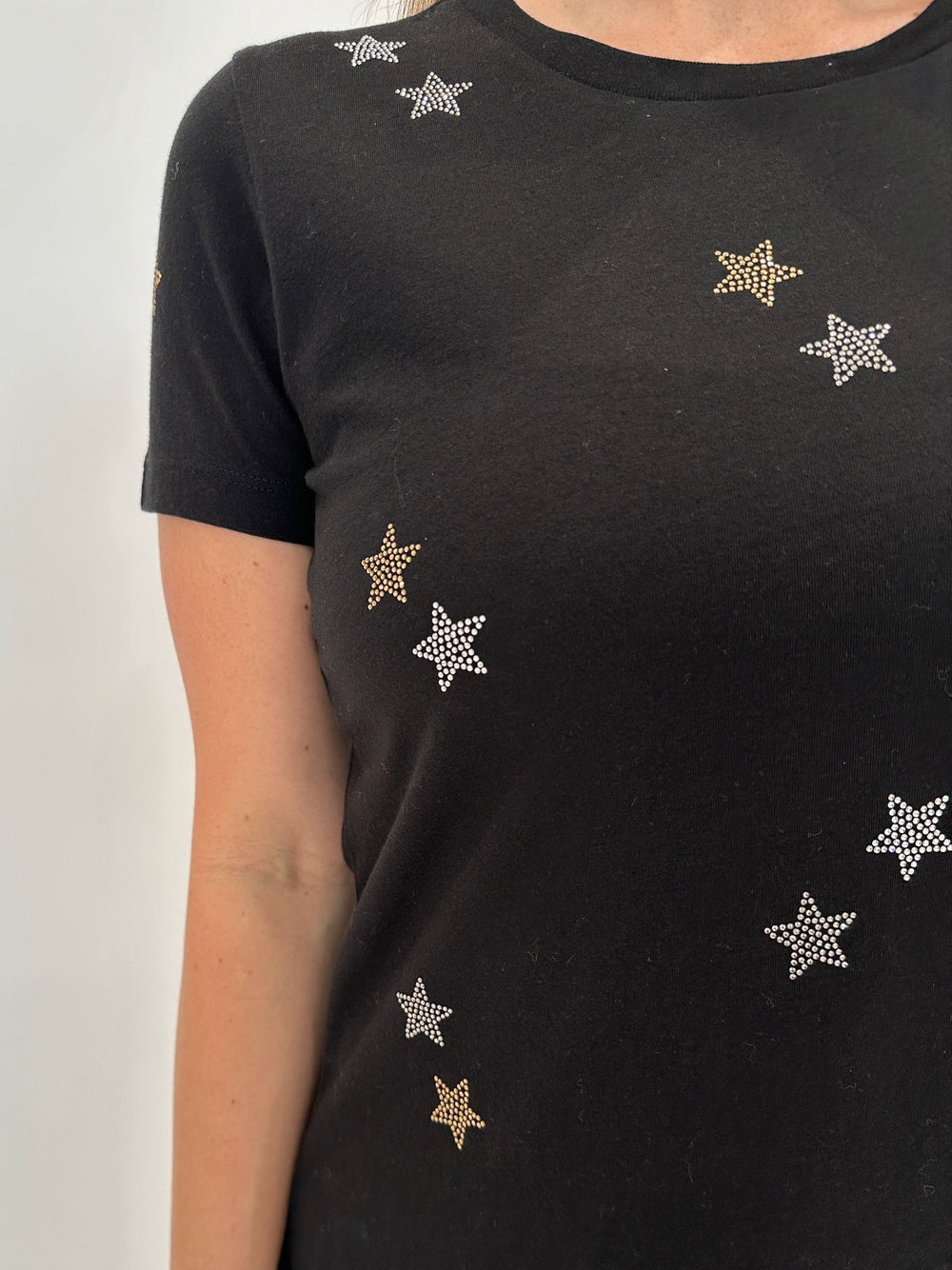 Suzy T Crystal Stars T-Shirt in Black available at Barbara Katz