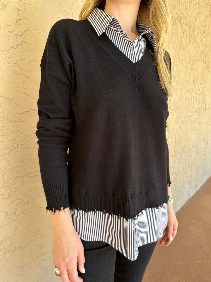 J Society Long Sleeve Stripe Twofer Layered Sweater - Black