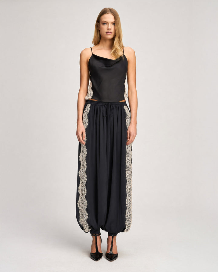 Cinq a Sept Esme Satin Verne Pant in Black/Gardenia available at Barbara Katz