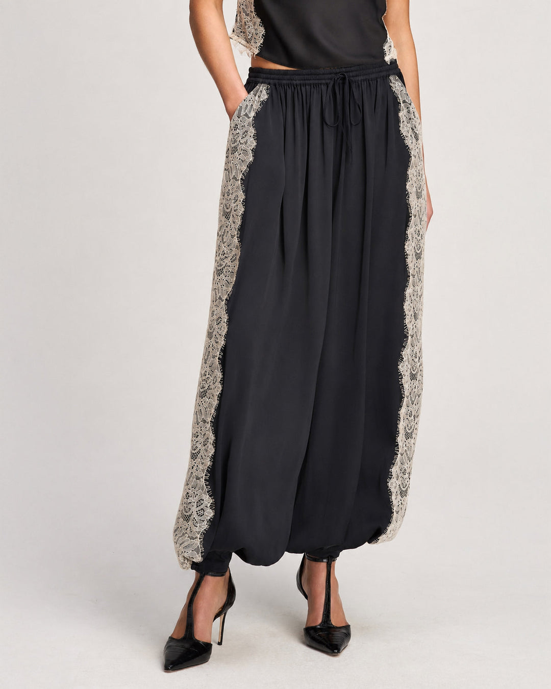 Cinq a Sept Esme Satin Verne Pant in Black/Gardenia available at Barbara Katz
