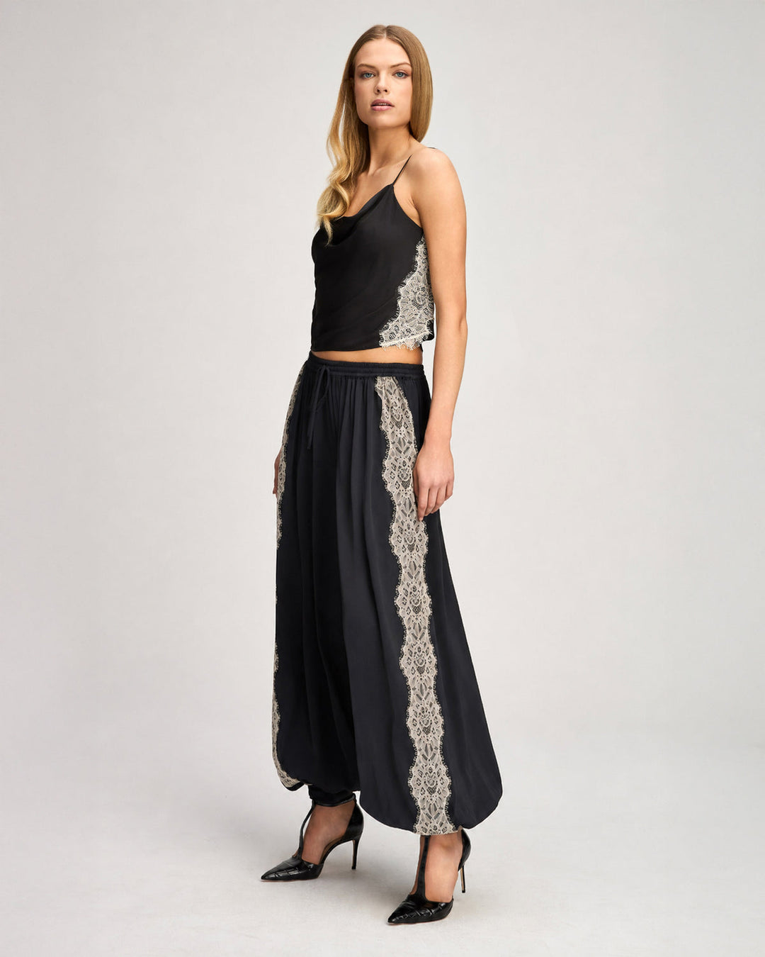 Cinq a Sept Esme Satin Verne Pant in Black/Gardenia available at Barbara Katz