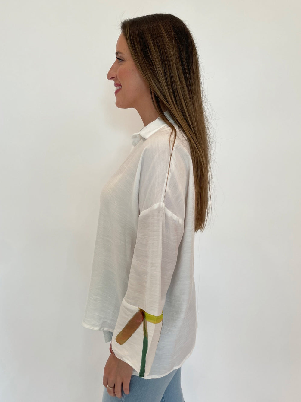 Ozai N Ku Asymmetric Shirt With Pocket in Trip White available at Barbara Katz