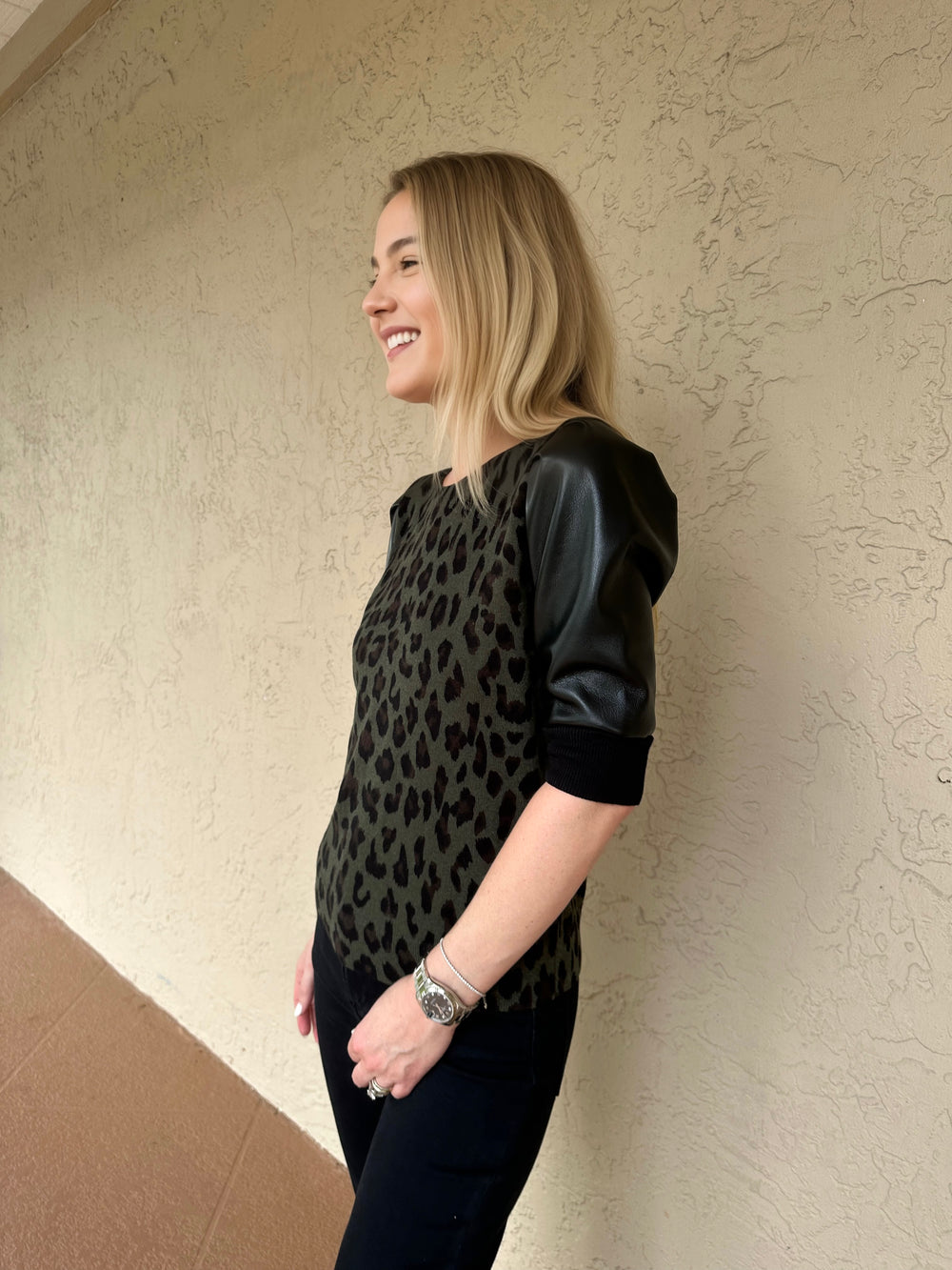 J Society Vegan Leather Cheetah Sweater - Military