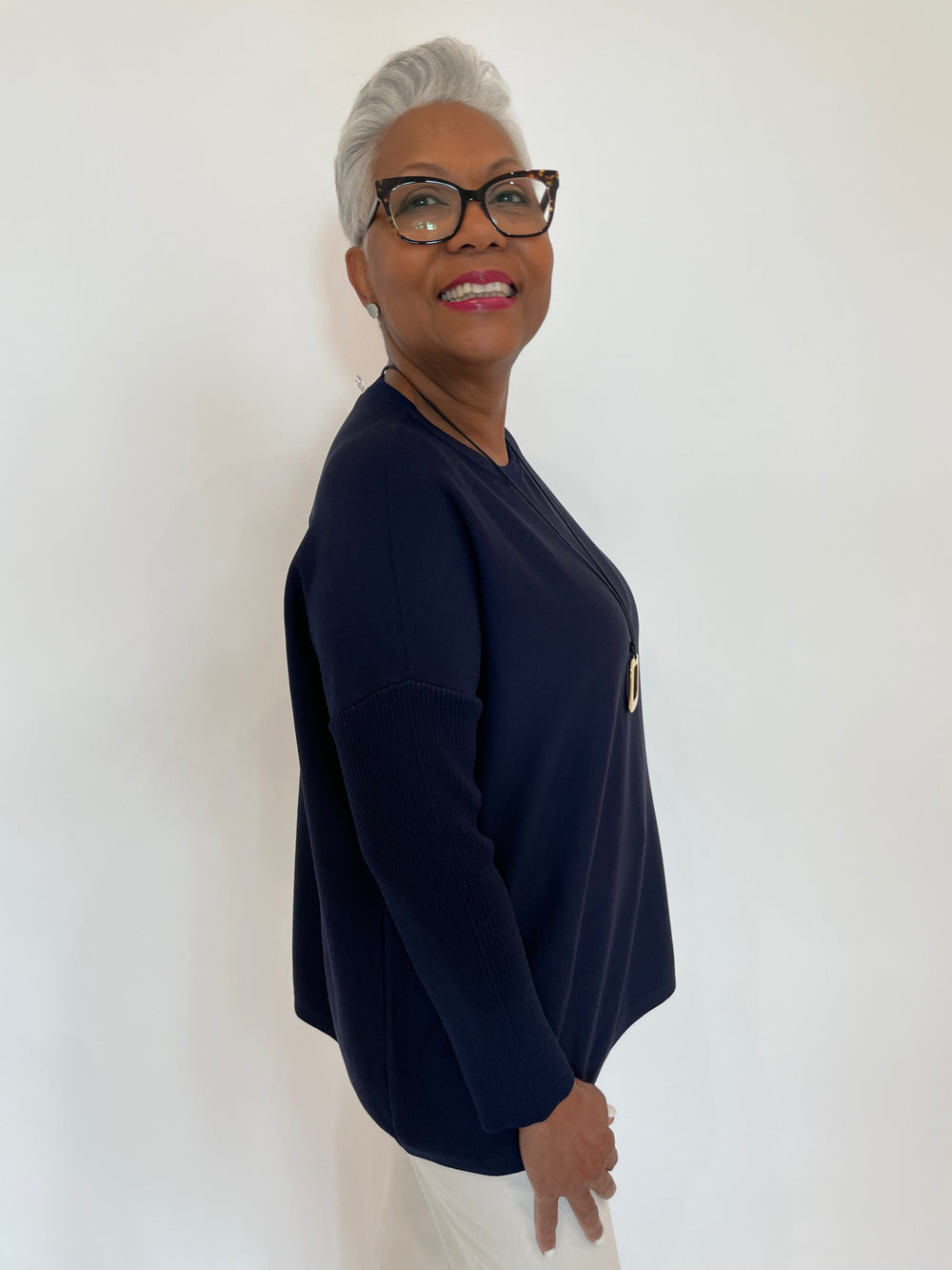 Billie Wendy Long Sleeve Knit Boxy Sweater in Navy available at Barbara Katz