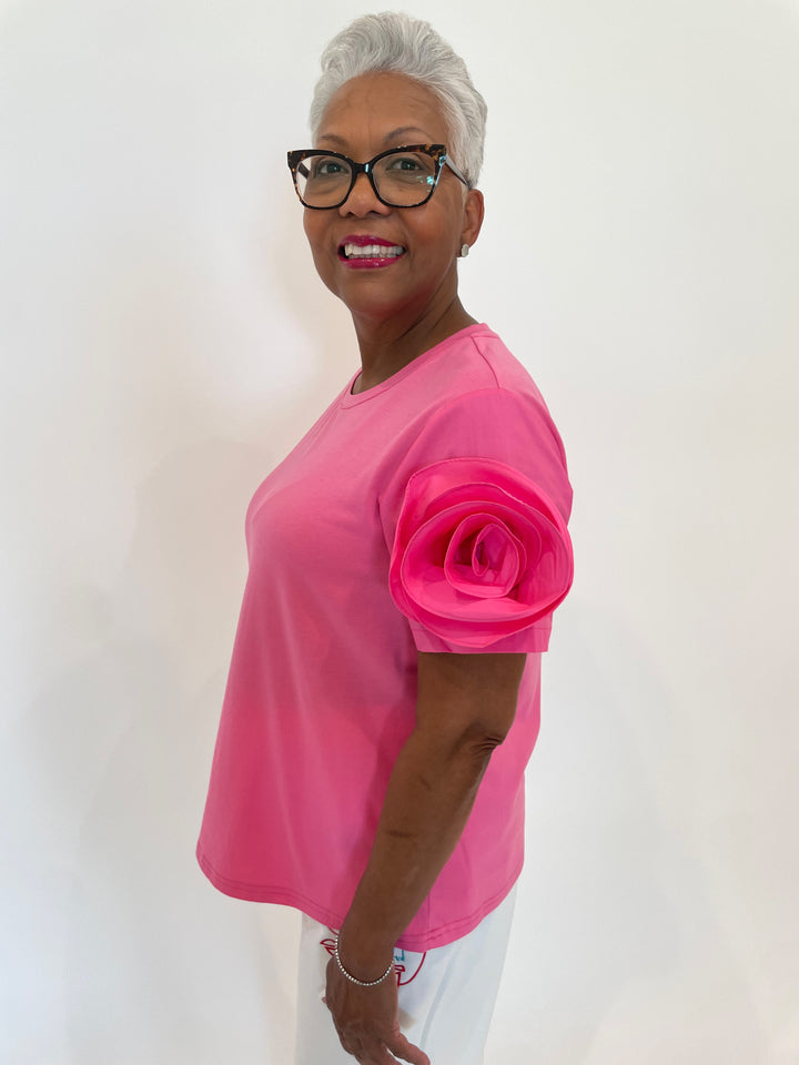 Leo & Ugo Taty Rose Flower Short Sleeve Top in Pink available at Barbara Katz