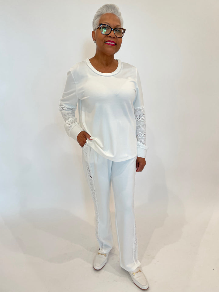 Leo & Ugo Marcella Sleeve Sweater in White paired with matching Marcella Lace Pants in White available at Barbara Katz