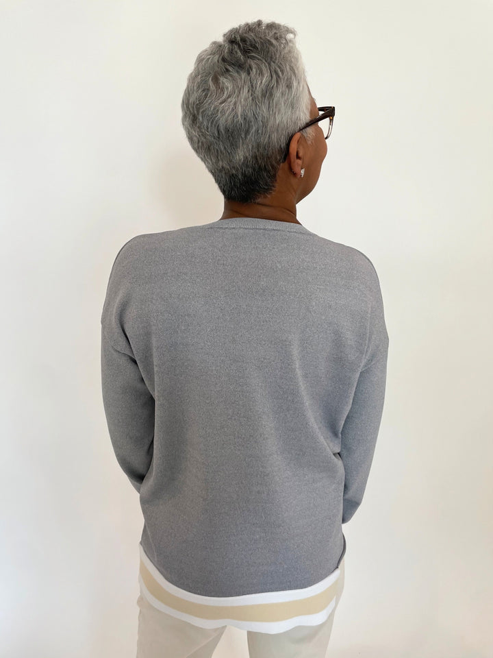 Billie Nancy Knit Crew Sweater With Stripes in Grey/Beige/White available at Barbara Katz