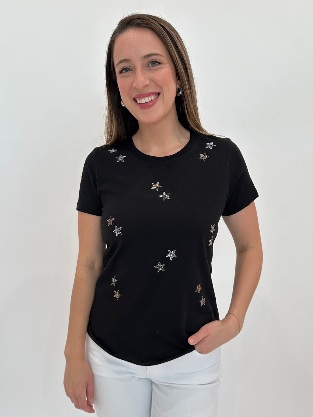 Suzy T Crystal Stars T-Shirt in Black available at Barbara Katz