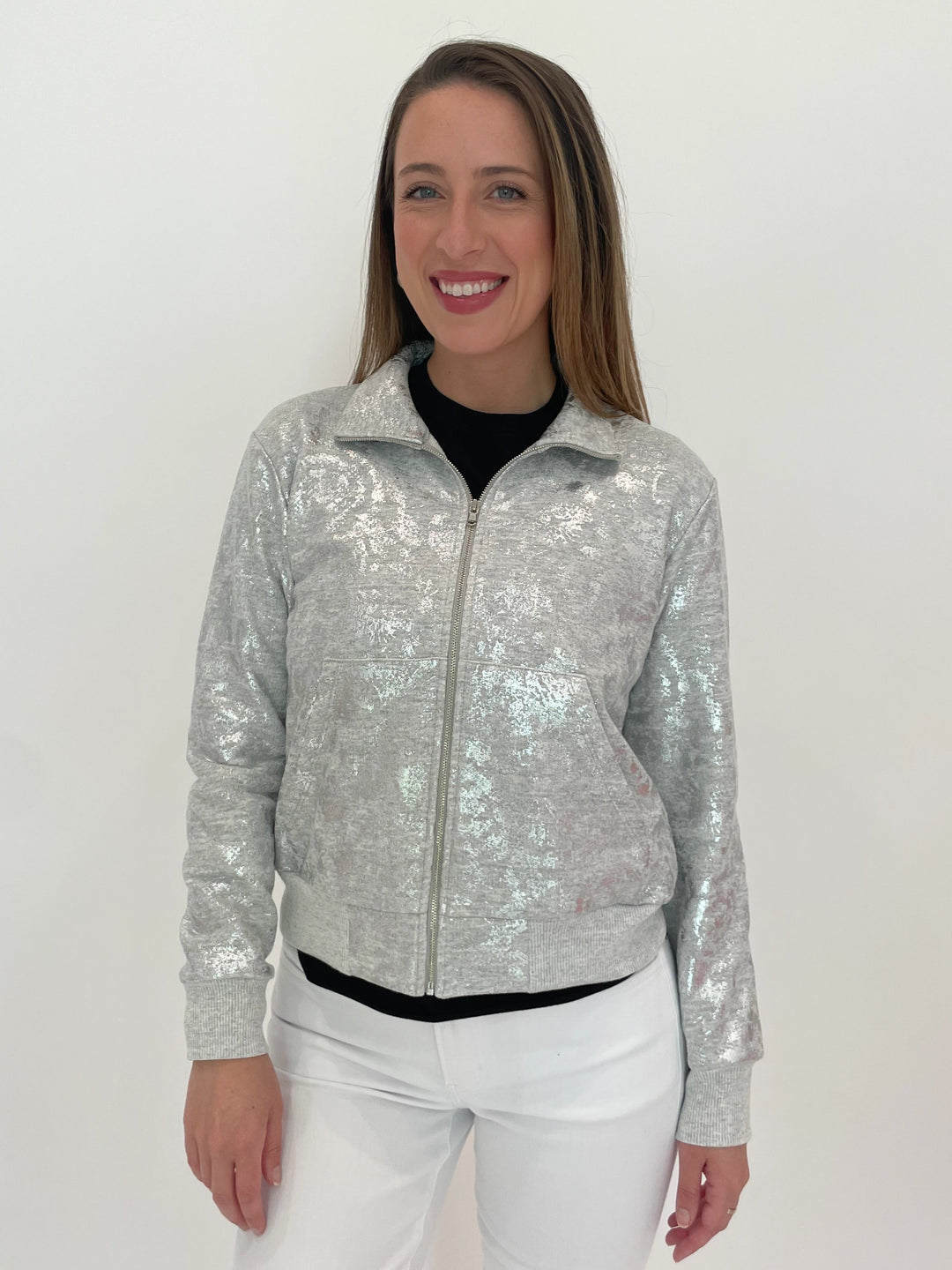 Elliott Lauren Silver Fox Zip-Up Foiled French Terry Jacket available at Barbara Katz