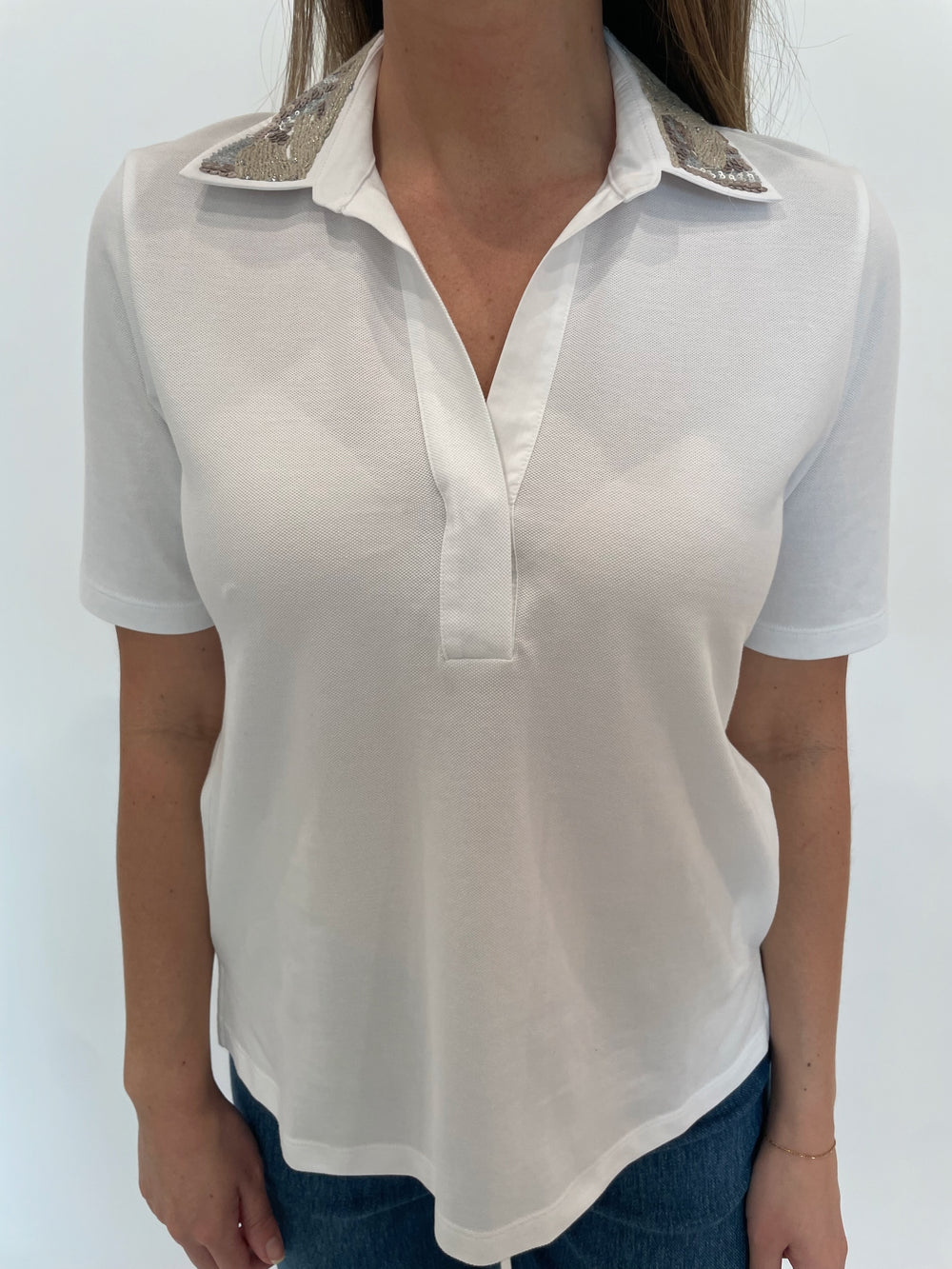 Margittes Sequin Collar Short Sleeve Polo in White available at Barbara Katz