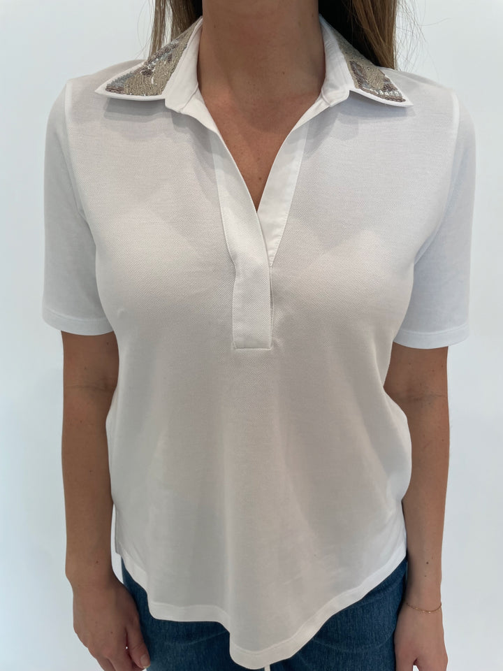 Margittes Sequin Collar Short Sleeve Polo in White available at Barbara Katz