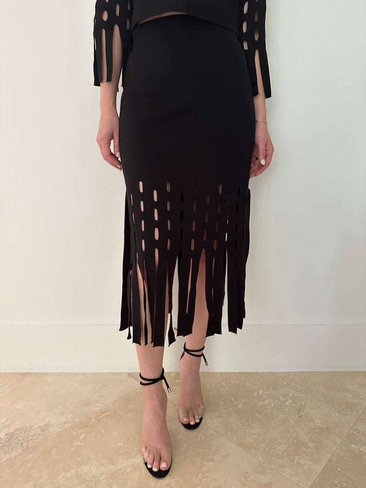 Maria Pavan Cut Out Fringe Knit Skirt