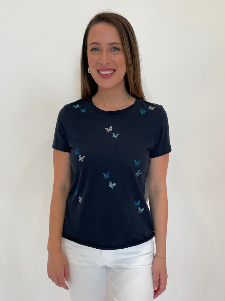Suzy T Butterflies T-Shirt in Navy available at Barbara Katz