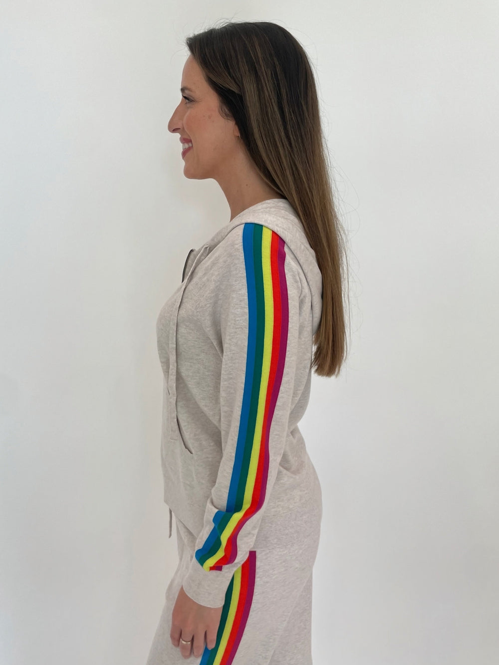J Society Rainbow Striped Sleeve Zip Hoodie in Flax available at Barbara Katz