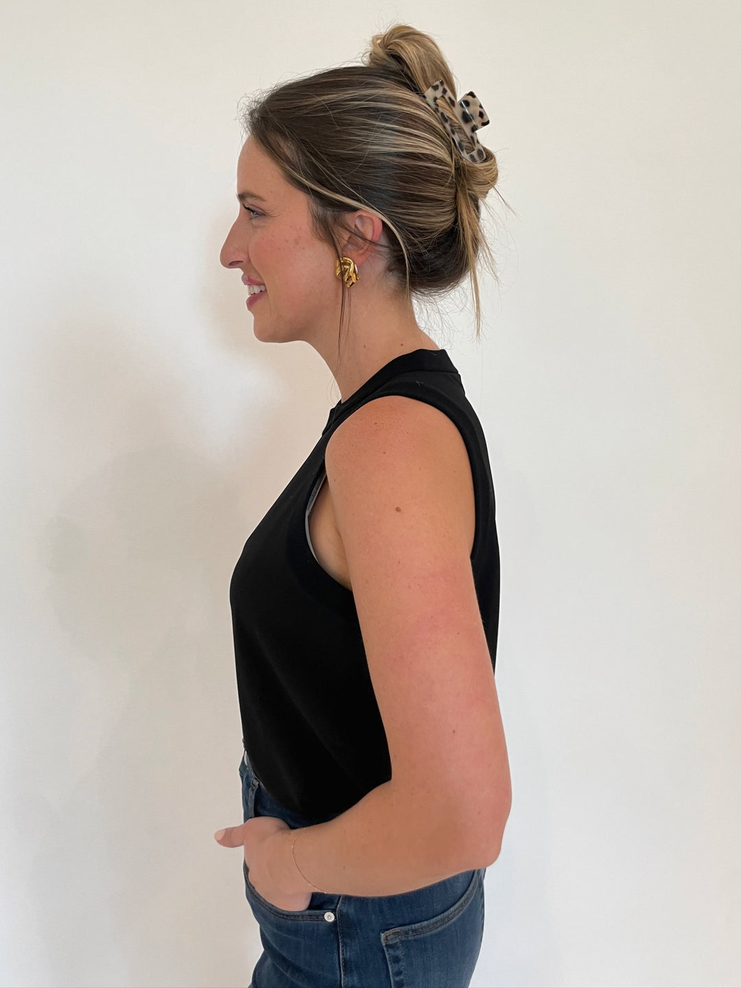 Marella FL VSC Sorona Tank Top in Black with Ben Amun Madeline Clip-On Link Earrings in Gold available at Barbara Katz