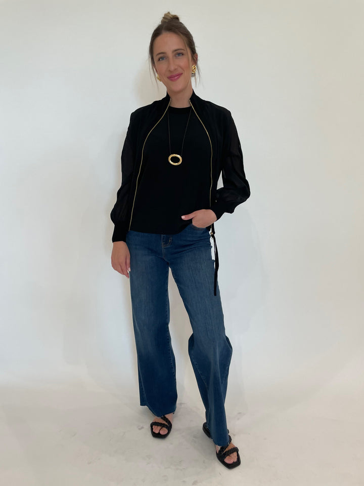 Marella FL VSC Sorona Jacket in Black with Sorona Tank Top underneath, paired with Frame Le Slim Palazzo Raw After Jeans in Lupine, Ben Amun Adobe Necklace and Madeline Clip-On Link Earrings in Gold available at Barbara Katz