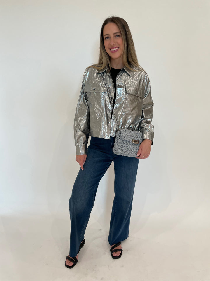 Max Mara Weekend Aldeno Shirt Jacket in Silver with Marella Sorona Tank Top in Black, paired with Frame Le Slim Palazzo Raw After Jeans in Lupine, Ben Amun Silver Knot Clip-On Earrings, and Lorenza Gandaglia Bagatelle Small Bag in Ghisa Combo available at Barbara Katz