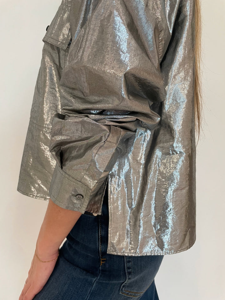 Max Mara Weekend Aldeno Shirt Jacket in Metallic Silver available at Barbara Katz