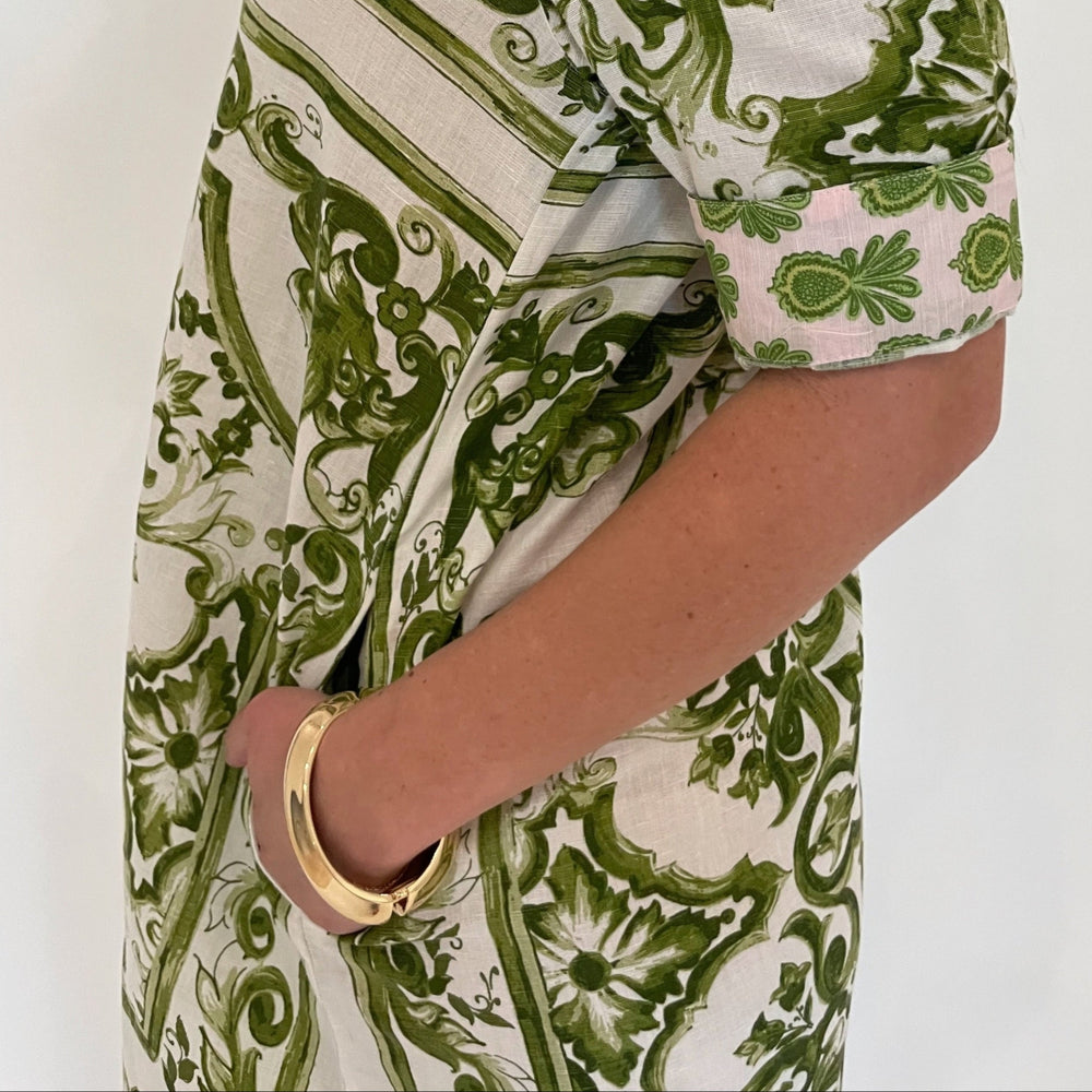 Dizzy-Lizzie Chatham Dress in Green White Tile print with Ben Amun Cielo Bangle in Gold available at Barbara Katz
