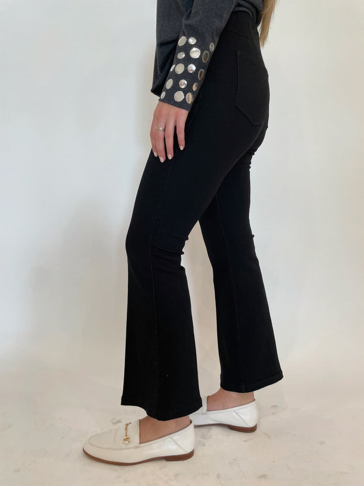 Peace of Cloth Ella Denim Ankle Flare Pants in Black available at Barbara Katz