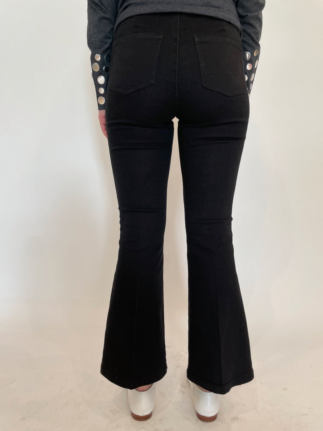 Peace of Cloth Ella Denim Ankle Flare Pants in Black available at Barbara Katz