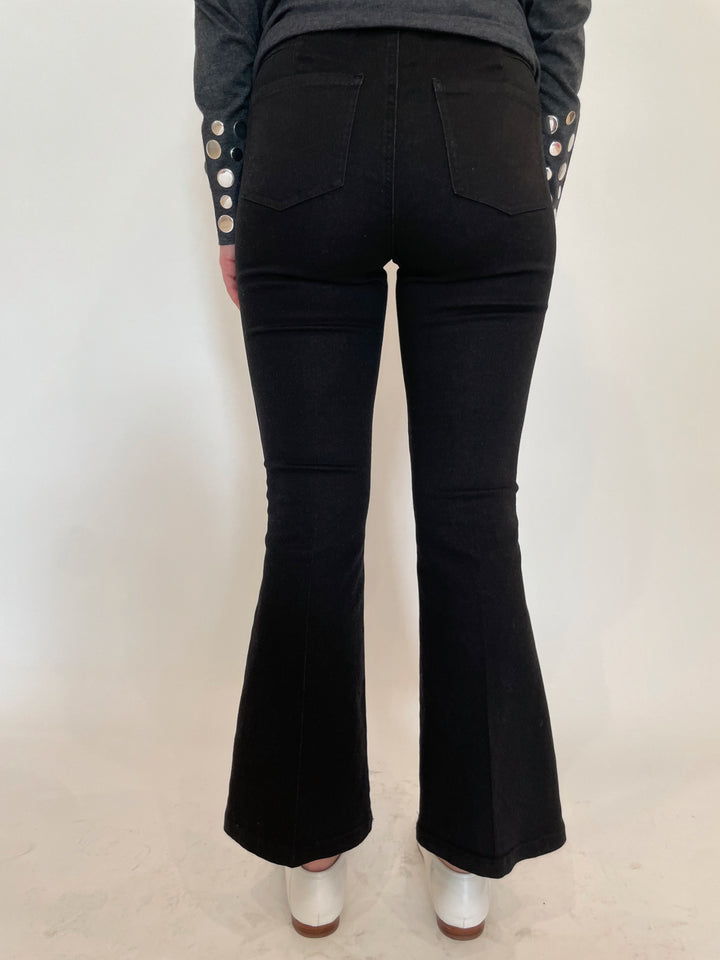 Peace of Cloth Ella Denim Ankle Flare Pants in Black available at Barbara Katz