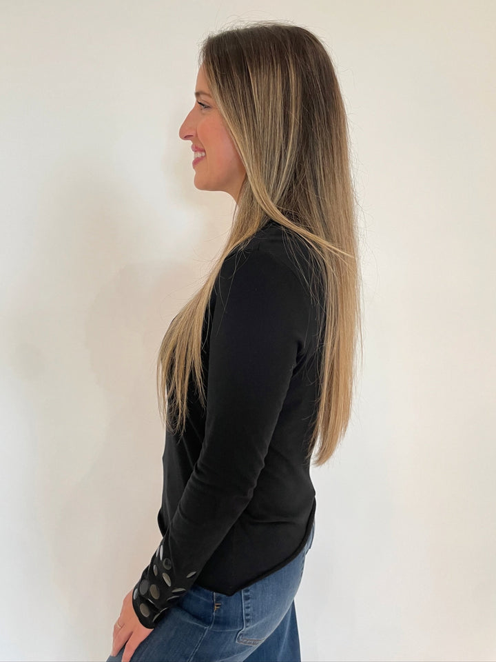 Suzy T Stud Long Sleeve T-Shirt in Black available at Barbara Katz