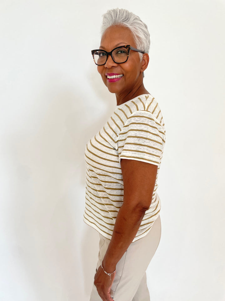 Frame Striped Linen Baby Tee in Dark Khaki available at Barbara Katz