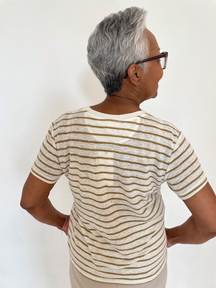 Frame Linen Baby Tee in Dark Khaki Stripes available at Barbara Katz