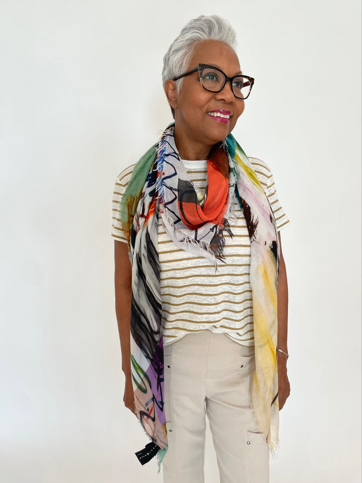 Frame Linen Baby Tee in Dark Khaki paired with Elliott Lauren Crop Cargo Pants in Chino, Suzi Roher Cristina Scarf Creativity Takes Courage print available at Barbara Katz