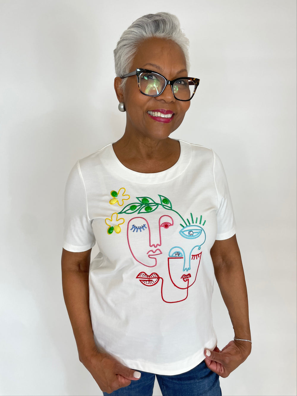 Leo & Ugo Daedra Faces Crew Tee in White/Multi available at Barbara Katz