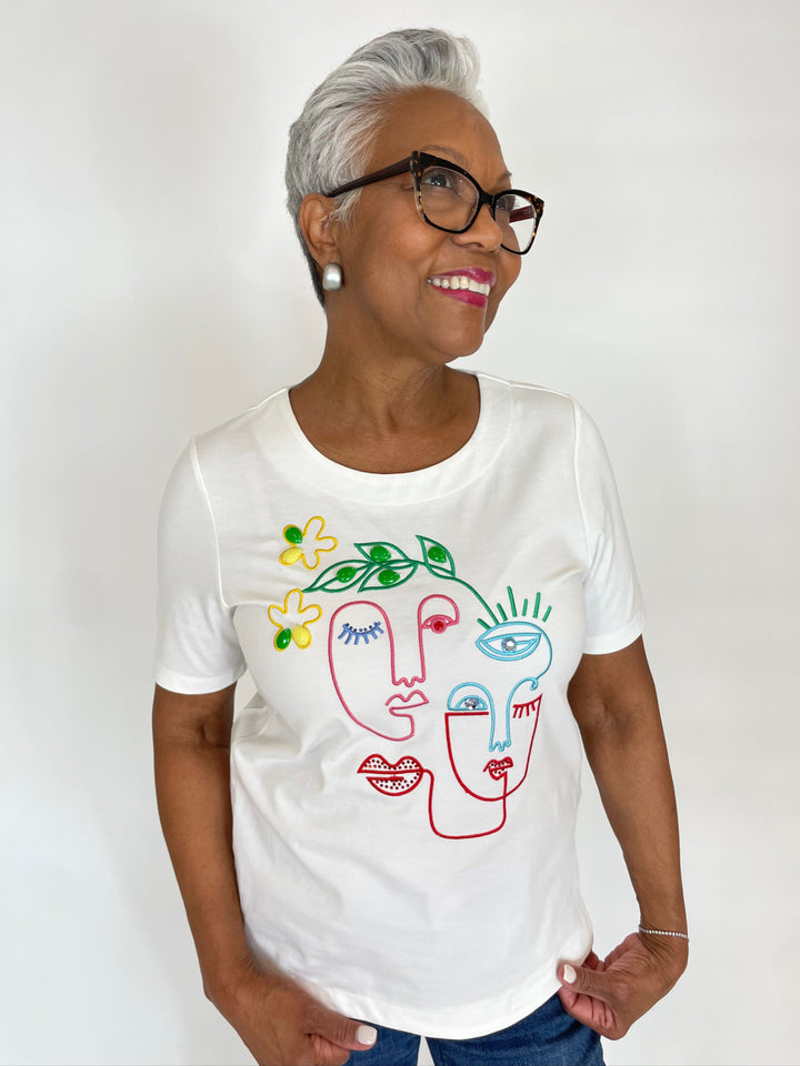 Leo & Ugo Daedra Faces Tee in White/Multi available at Barbara Katz