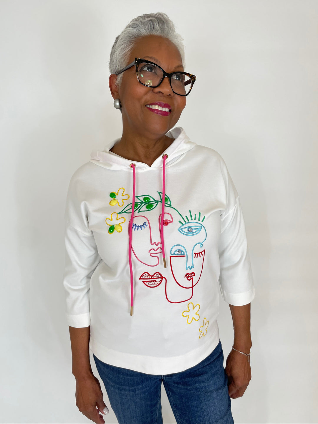 Leo & Ugo Dominic Faces Hoodie in White/Multi available at Barbara Katz